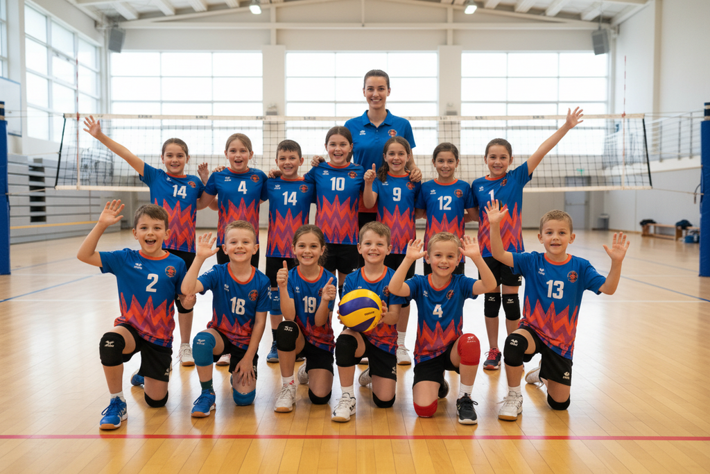 Youth volleyball team wearing custom jerseys