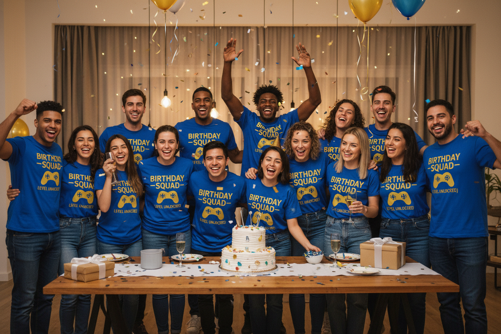 Birthday party group wearing custom celebration shirts