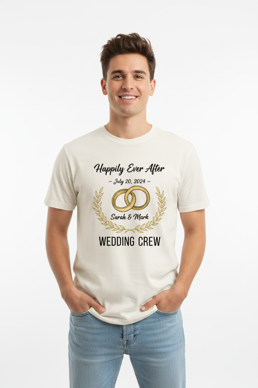 Person wearing custom wedding event t-shirt