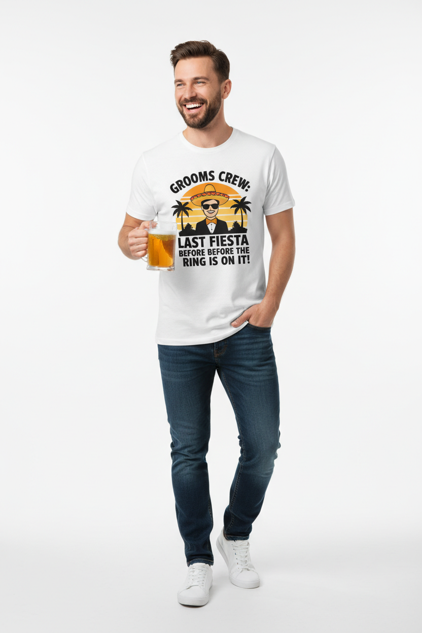 Person wearing custom bachelor party t-shirt