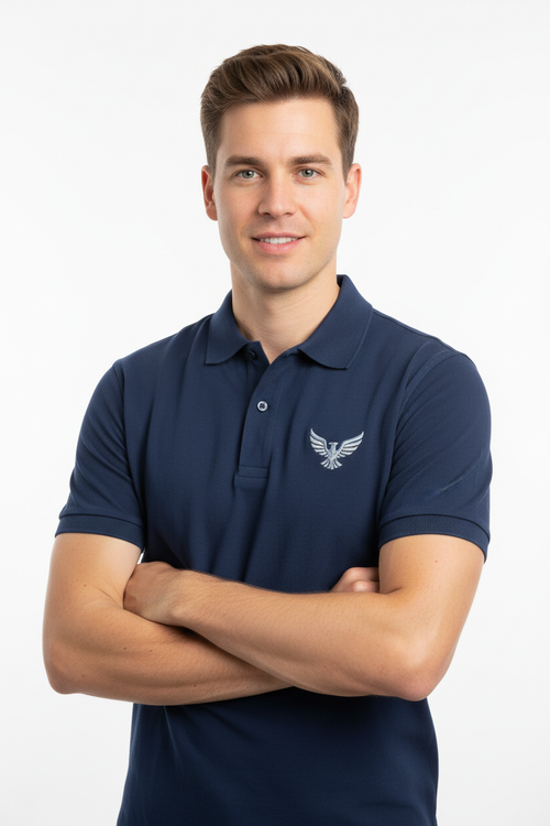 Person wearing custom business polo