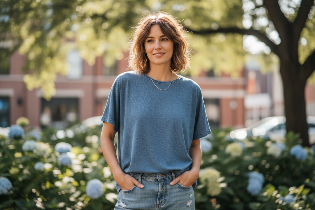 Woman wearing short sleeve t-shirt