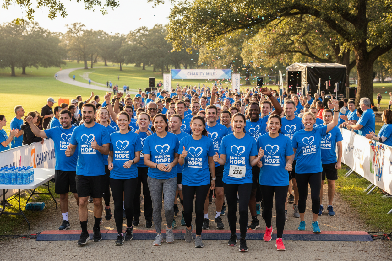 Charity run participants wearing custom event shirts