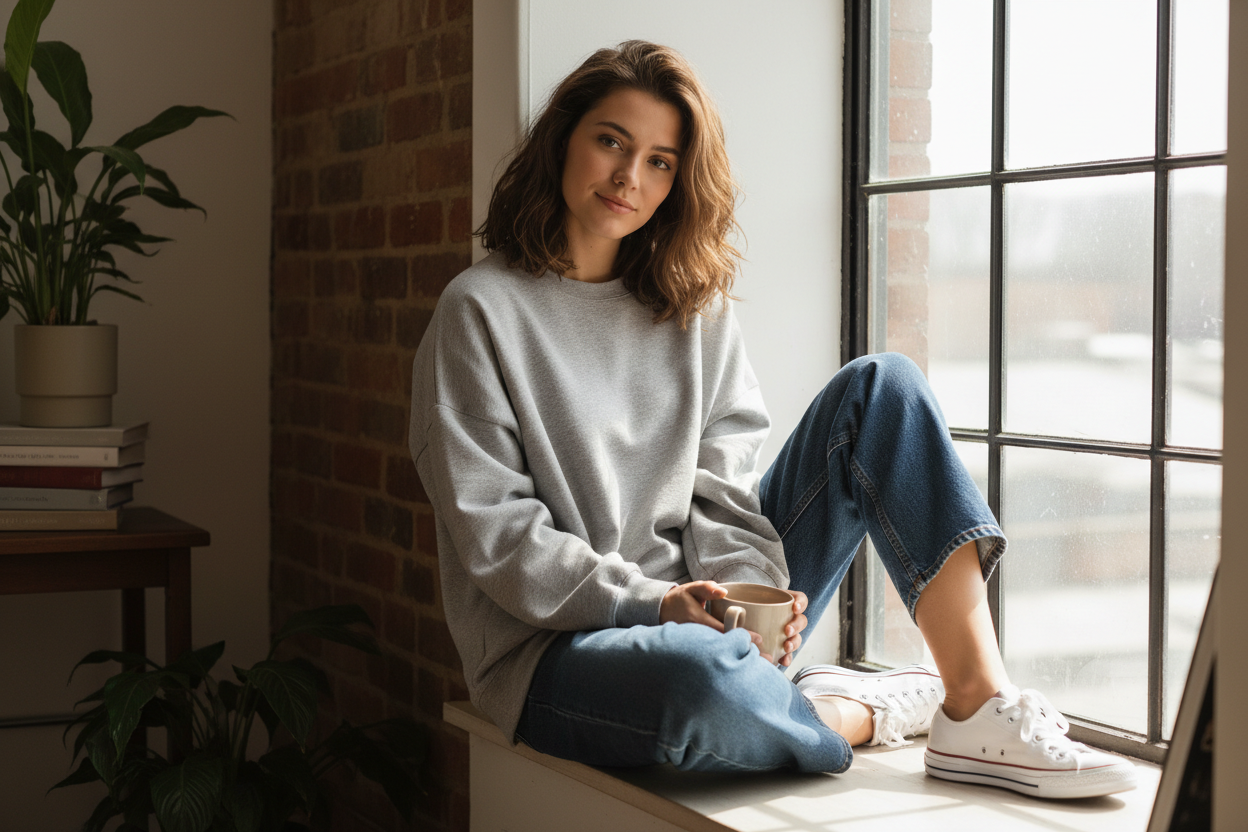 Woman wearing long sleeve sweatshirt