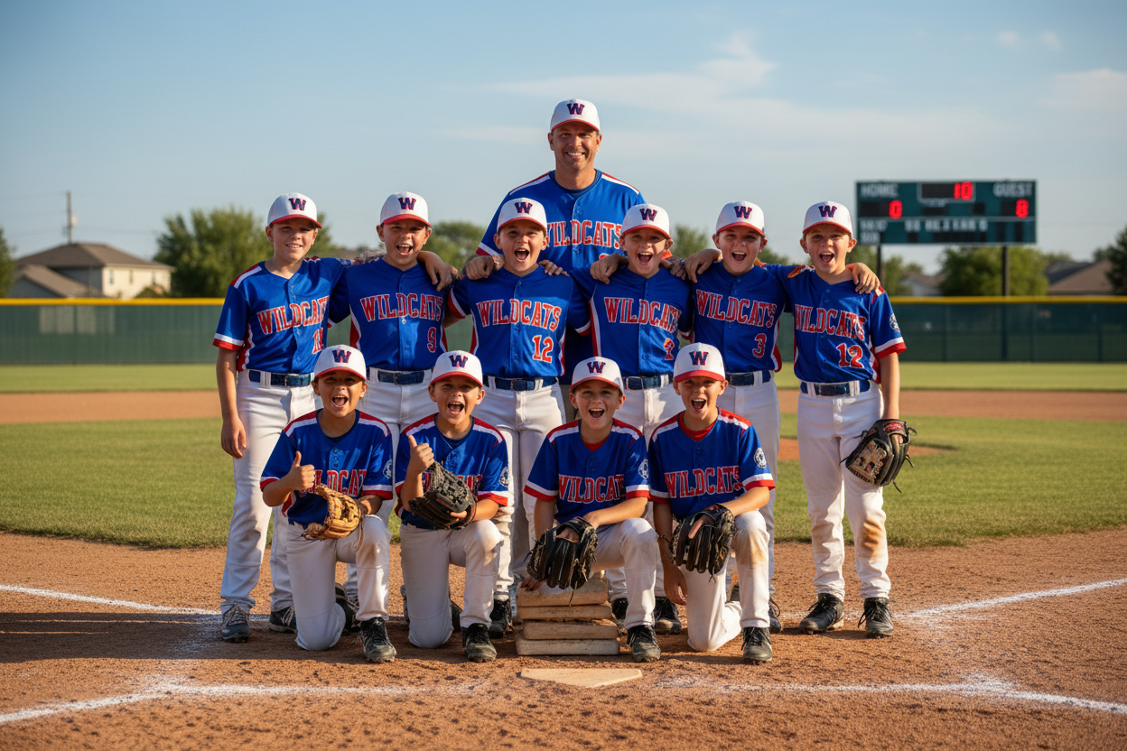 Youth baseball team wearing custom jerseys