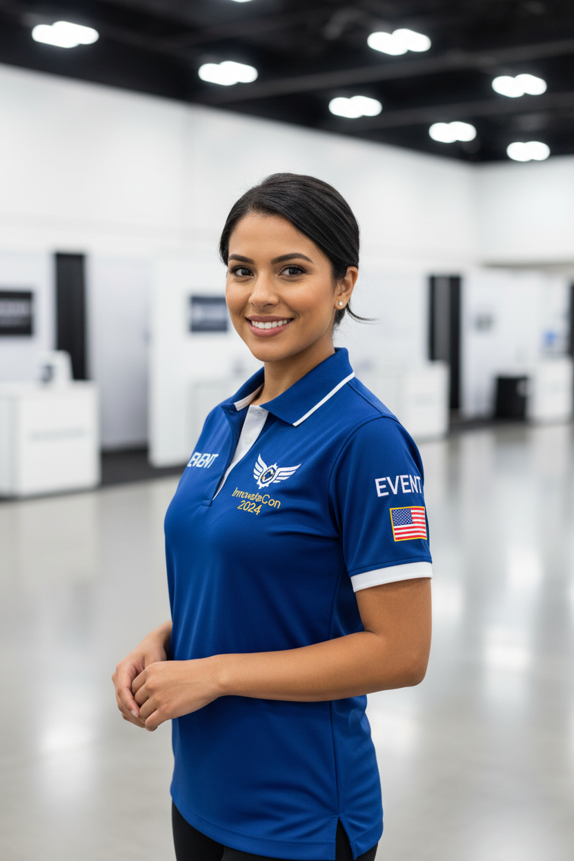 Person wearing custom event polo at trade show