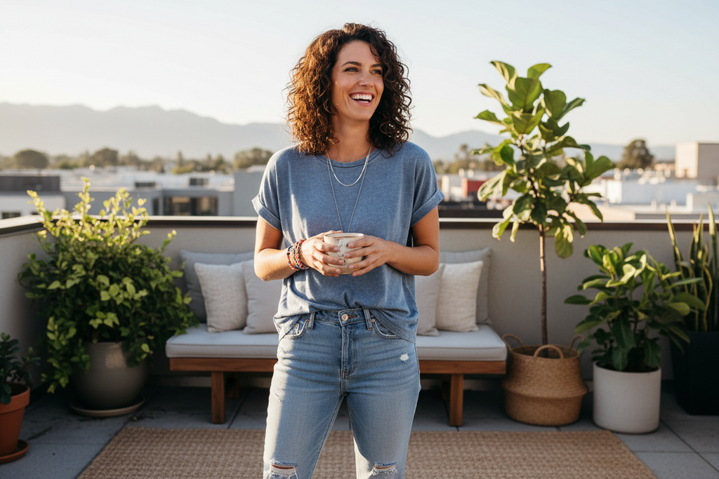 Woman wearing short sleeve t-shirt in casual setting