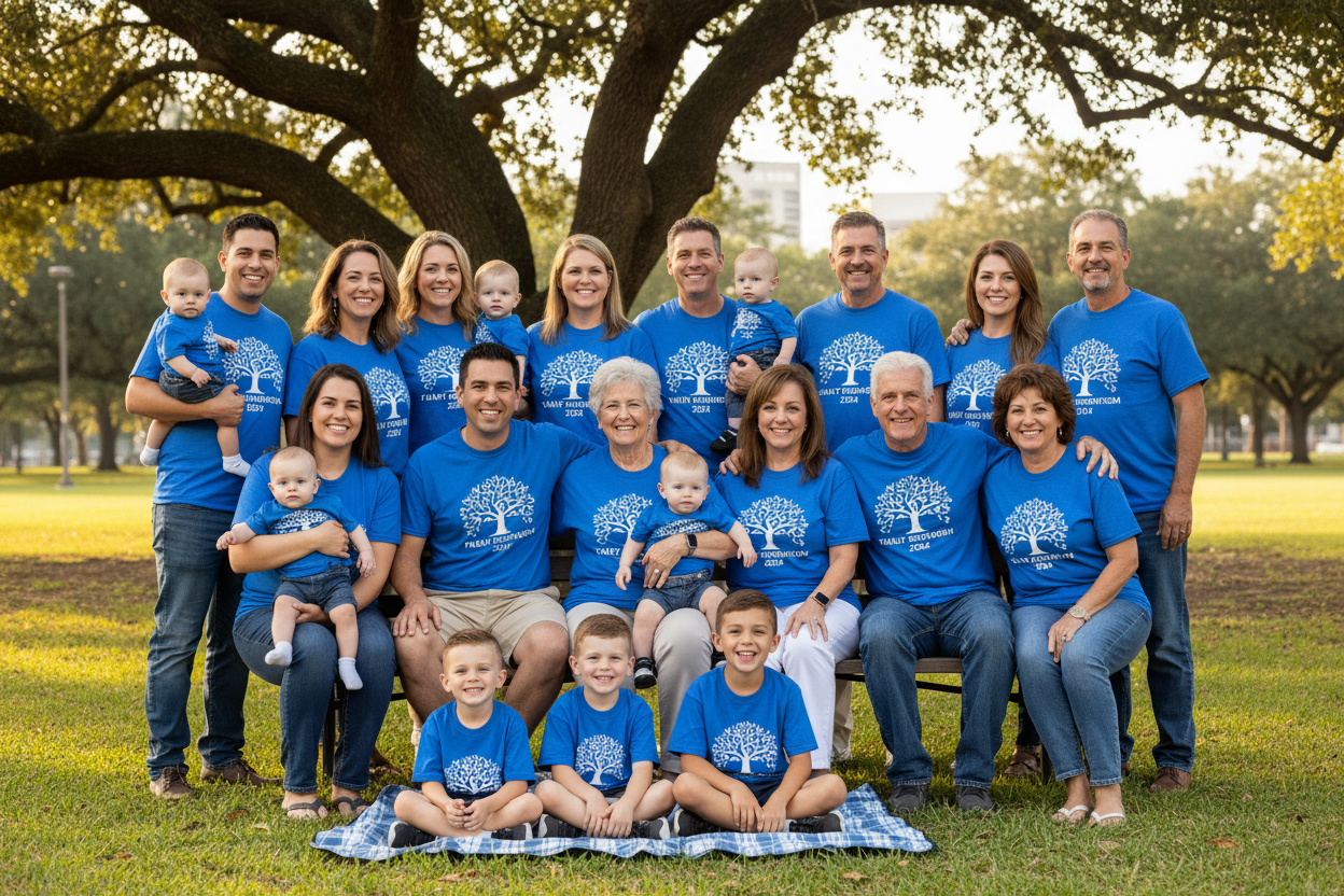 Large family reunion group wearing custom reunion shirts