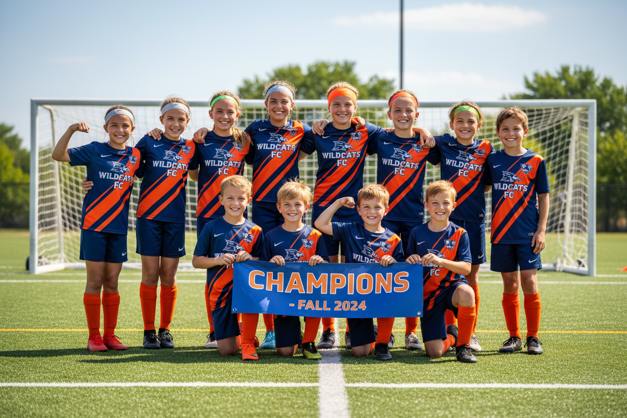 Youth soccer team wearing custom jerseys
