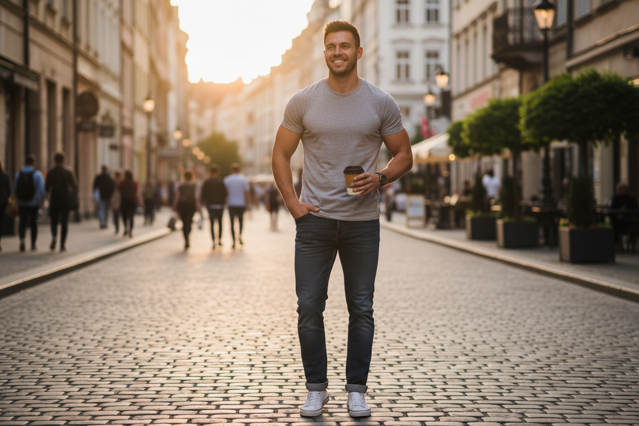 Man wearing short sleeve t-shirt