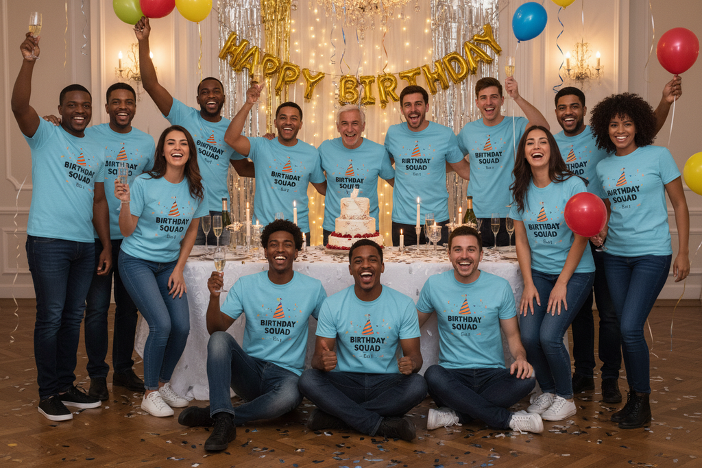 Large birthday celebration group wearing custom party shirts