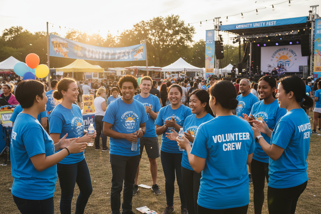 Volunteers at community event wearing custom shirts