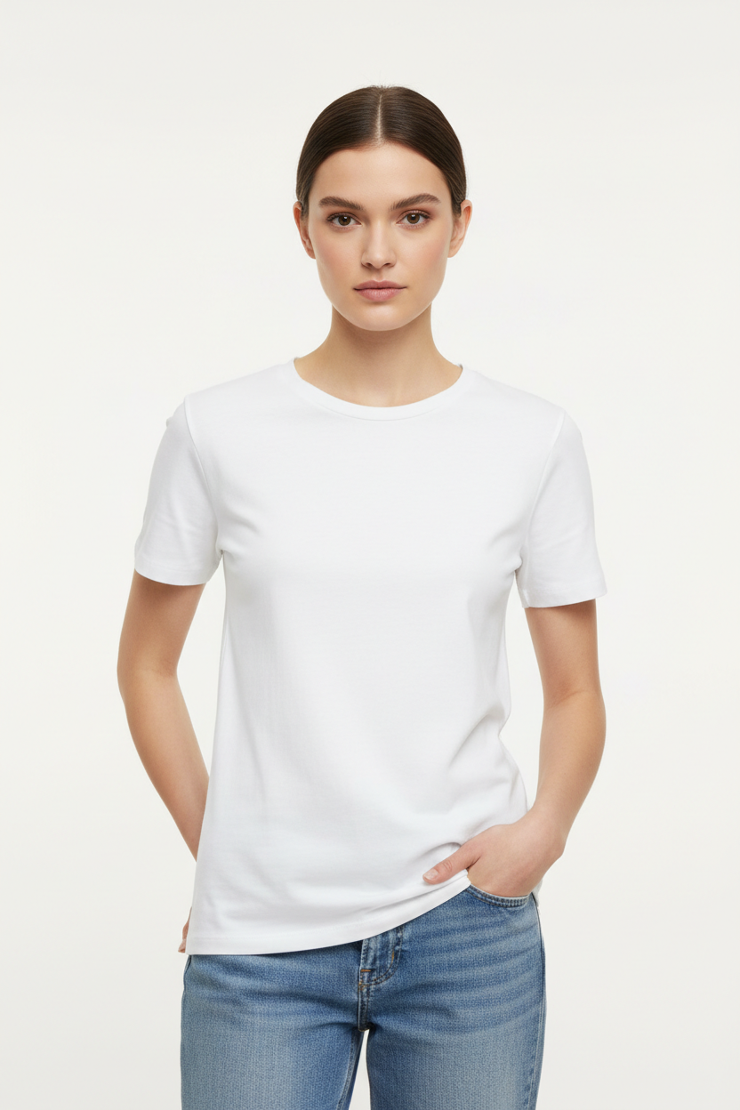 Person wearing classic cotton t-shirt