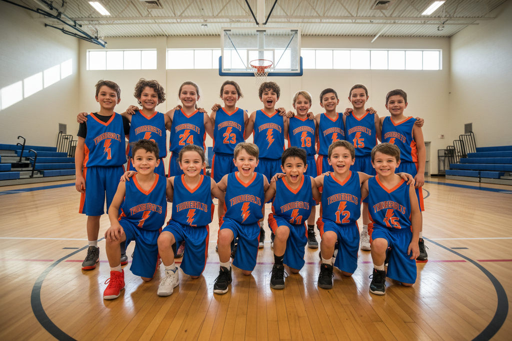 Youth basketball team wearing custom jerseys