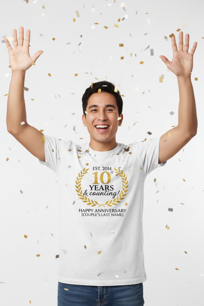 Person wearing custom anniversary celebration t-shirt