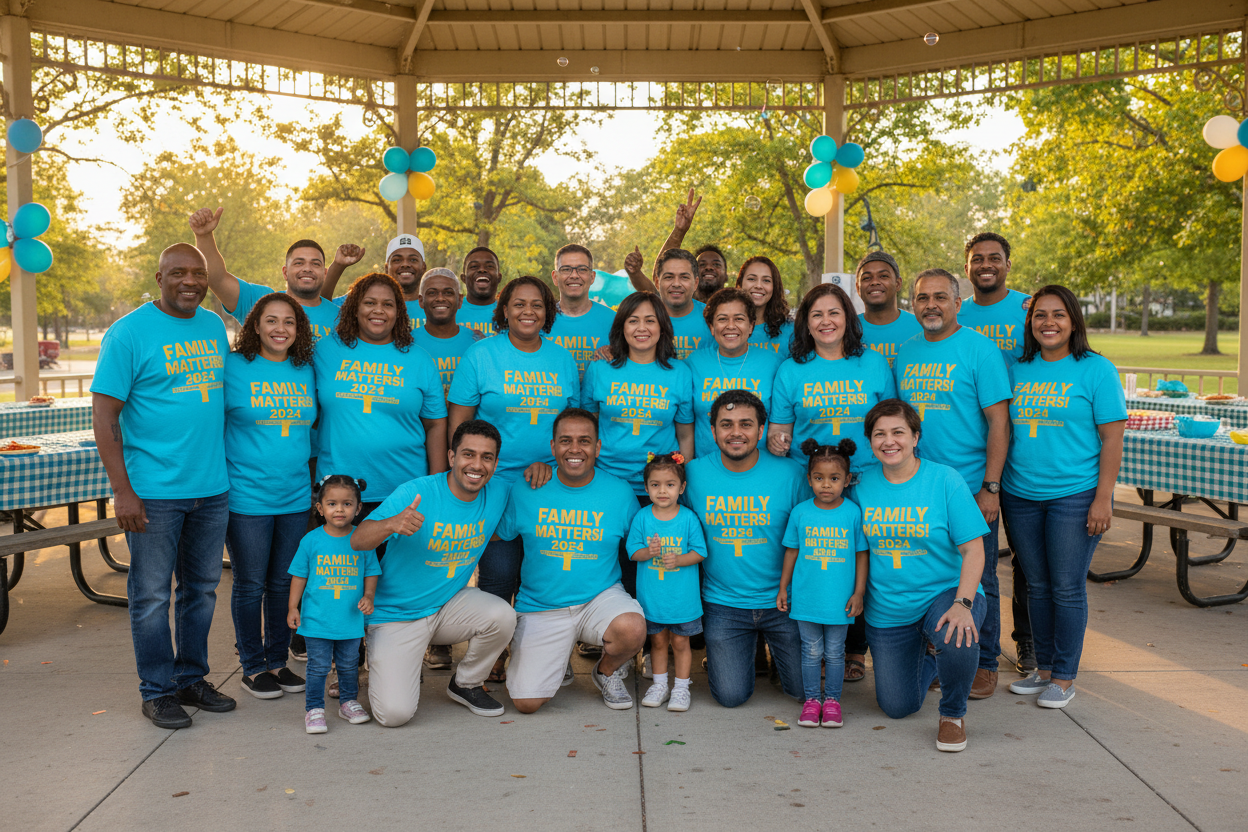 Family reunion group wearing matching custom shirts